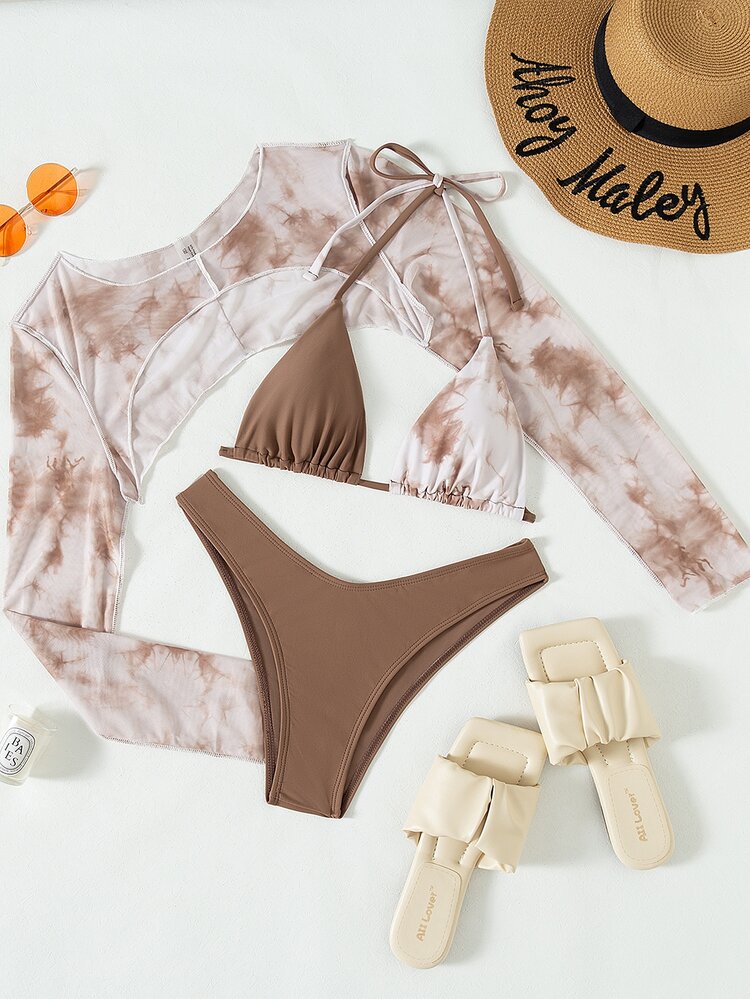 3packs Tie Dye Halter Micro Triangle Bikini Set & Cover Up Top, For Summer Beach Vacation - Multicolor - View 3