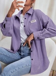 SHEIN MOOSTA 休閒貼布 口袋 前紐扣字母女士常規外套 - 紫羅蘭色 - 查看 1