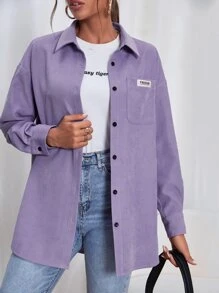 SHEIN MOOSTA 休閒貼布 口袋 前紐扣字母女士常規外套 - 紫羅蘭色 - 查看 3