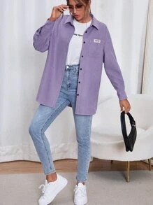 SHEIN MOOSTA 休閒貼布 口袋 前紐扣字母女士常規外套 - 紫羅蘭色 - 查看 4