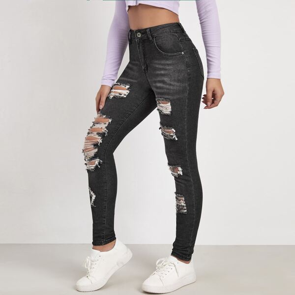 

Bleach Wash Ripped Skinny Jeans, Dark grey