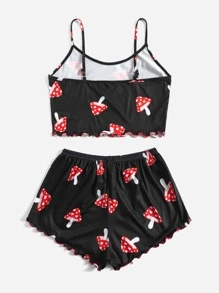 ZzzCrew Mushroom Print Tie Front Lettuce Trim Pajama Set