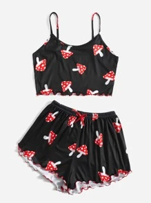 ZzzCrew Mushroom Print Tie Front Lettuce Trim Pajama Set