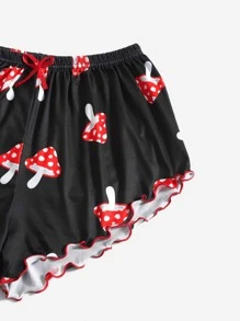 ZzzCrew Mushroom Print Tie Front Lettuce Trim Pajama Set