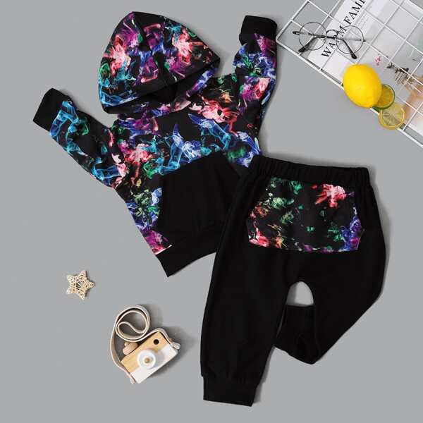 

Baby Colorful Smoke Print Kangaroo Pocket Hoodie & Sweatpants, Black