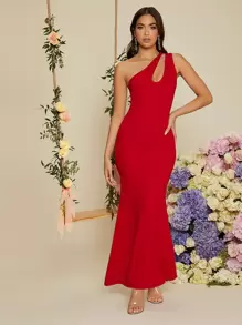 SHEIN Belle One Shoulder Solid Mermaid Dress, Wedding Guest Dress - Red - View 1
