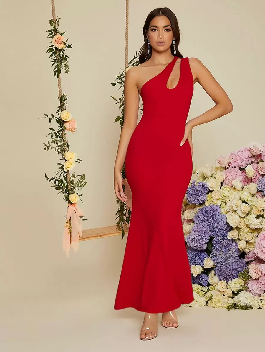 SHEIN Belle One Shoulder Solid Mermaid Dress, Wedding Guest Dress - Red - View 1