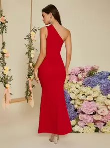 SHEIN Belle One Shoulder Solid Mermaid Dress, Wedding Guest Dress - Red - View 2