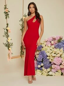 SHEIN Belle One Shoulder Solid Mermaid Dress, Wedding Guest Dress - Red - View 6