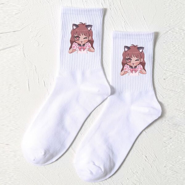 

Cartoon Print Crew Socks, White
