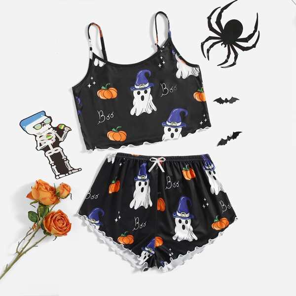 

Halloween Print Tie Front Lettuce Trim Pajama Set, Black