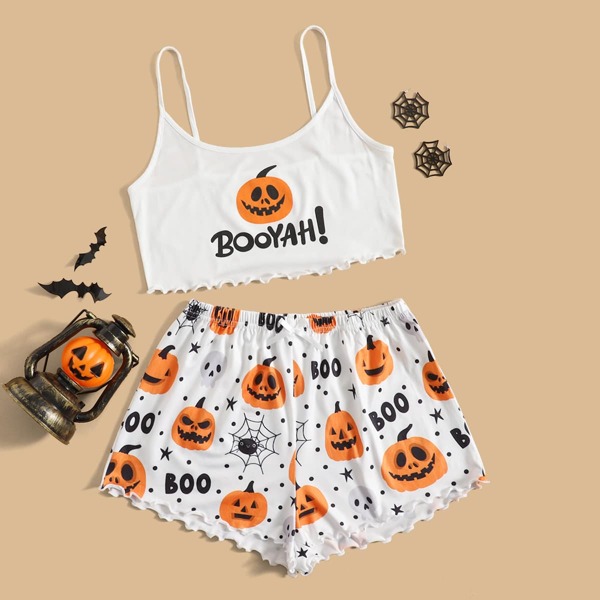 

Halloween Letter & Pumpkin Print Lettuce Trim Cami PJ Set, Multicolor