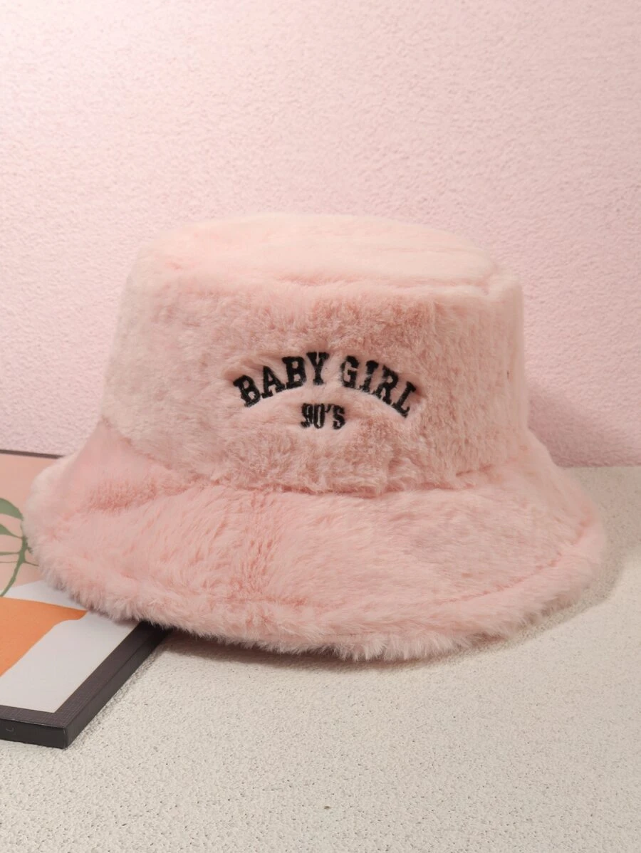 Cute 1pc Women's Embroidered Baby 90s Casual Plush Bucket Hat For Autumn And Winter, Winter Outfits - Pink - View 1