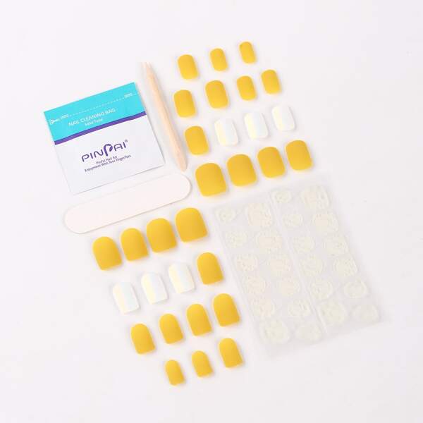 

30pcs Color Block Fake Nail & 4pcs Nail Art Tool Set, Yellow