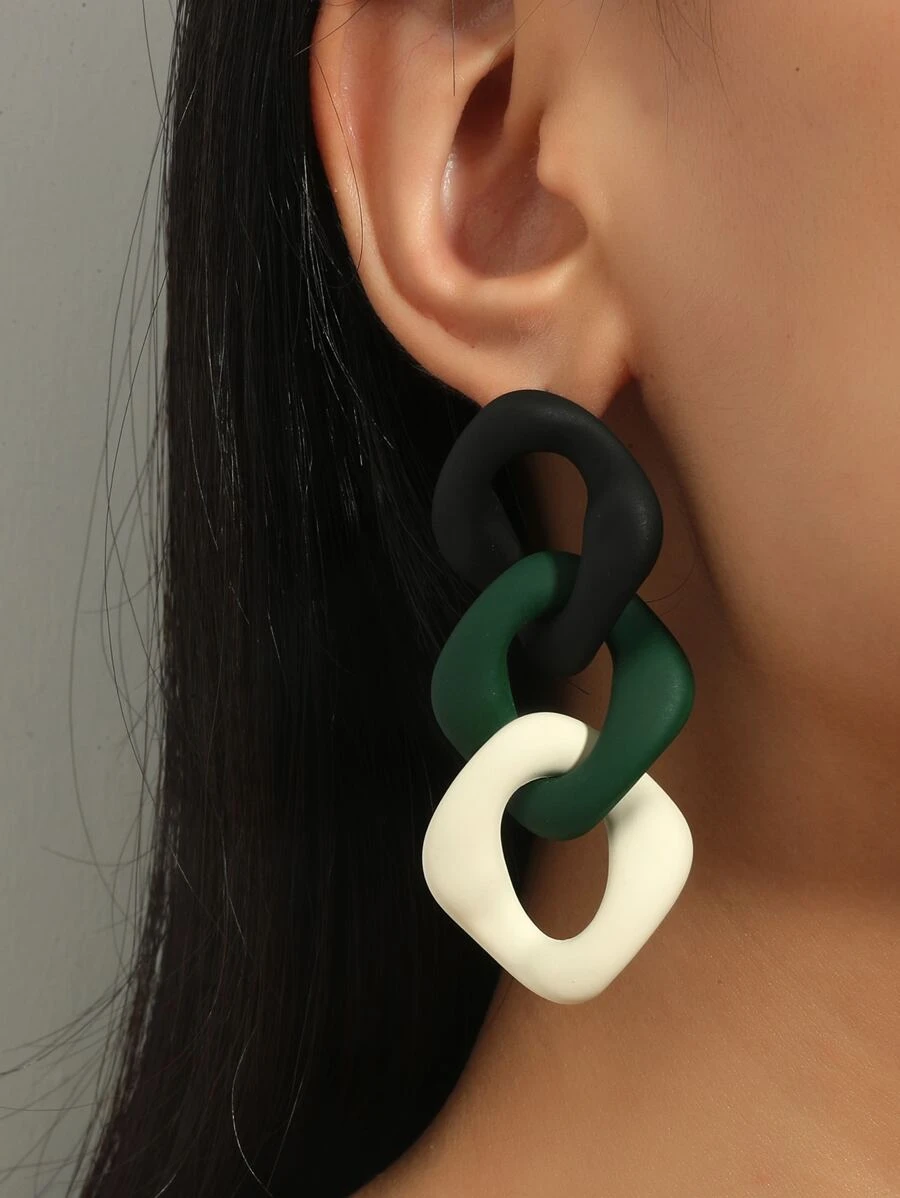 撞色鏈條耳環 - 彩色 - 查看 1