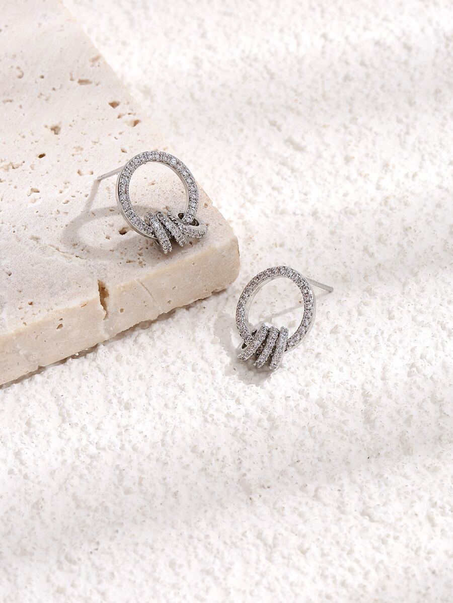 方晶鋯石圓環裝飾耳墜 - 銀色 - 查看 1