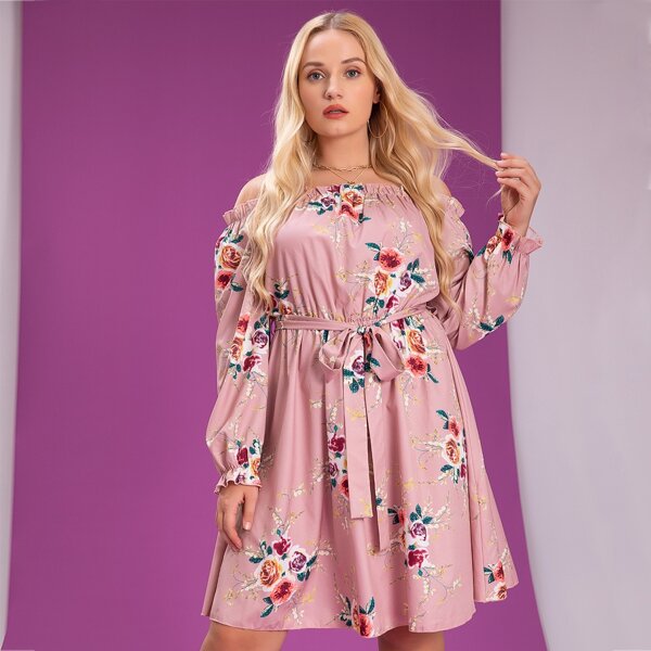 

Plus Off Shoulder Floral Print Flounce Sleeve Belted Dress, Pink