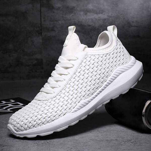 

Men Solid Braided Design Lace Up Front Sneakers, White