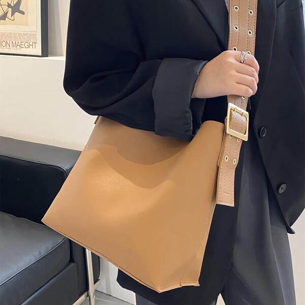 

Minimalist Buckle Detail Crossbody Bag With Inner Pouch, Khaki