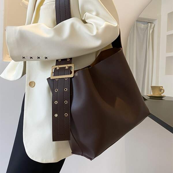 

Minimalist Buckle Detail Crossbody Bag With Inner Pouch, Coffee brown