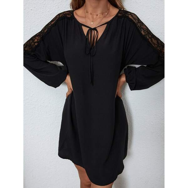 

Contrast Lace Tie Neck Tunic Dress, Black
