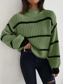 SHEIN LUNE Jersey de cuello alto simulado a rayas con hombros caídos, blusas de manga larga - Verde - Ver 1