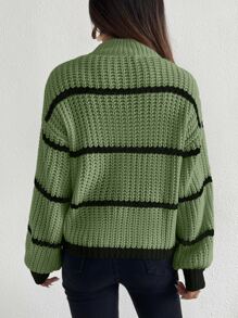 SHEIN LUNE Jersey de cuello alto simulado a rayas con hombros caídos, blusas de manga larga - Verde - Ver 2