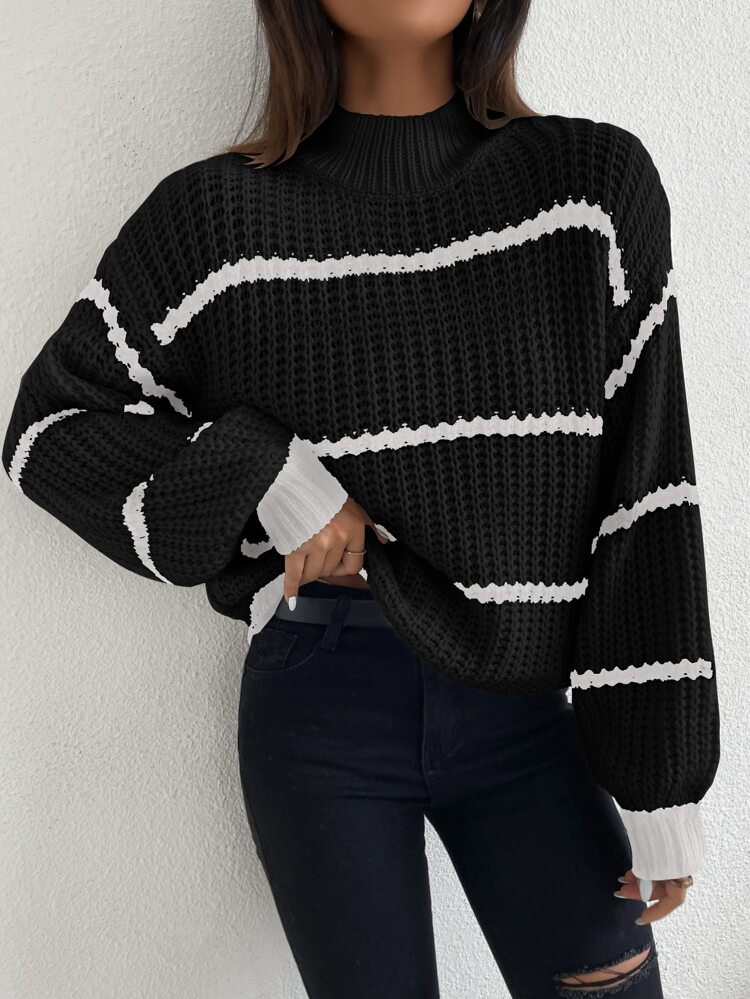 Striped Mock Neck Drop Shoulder Sweater Knit Pullover Fall Winter
