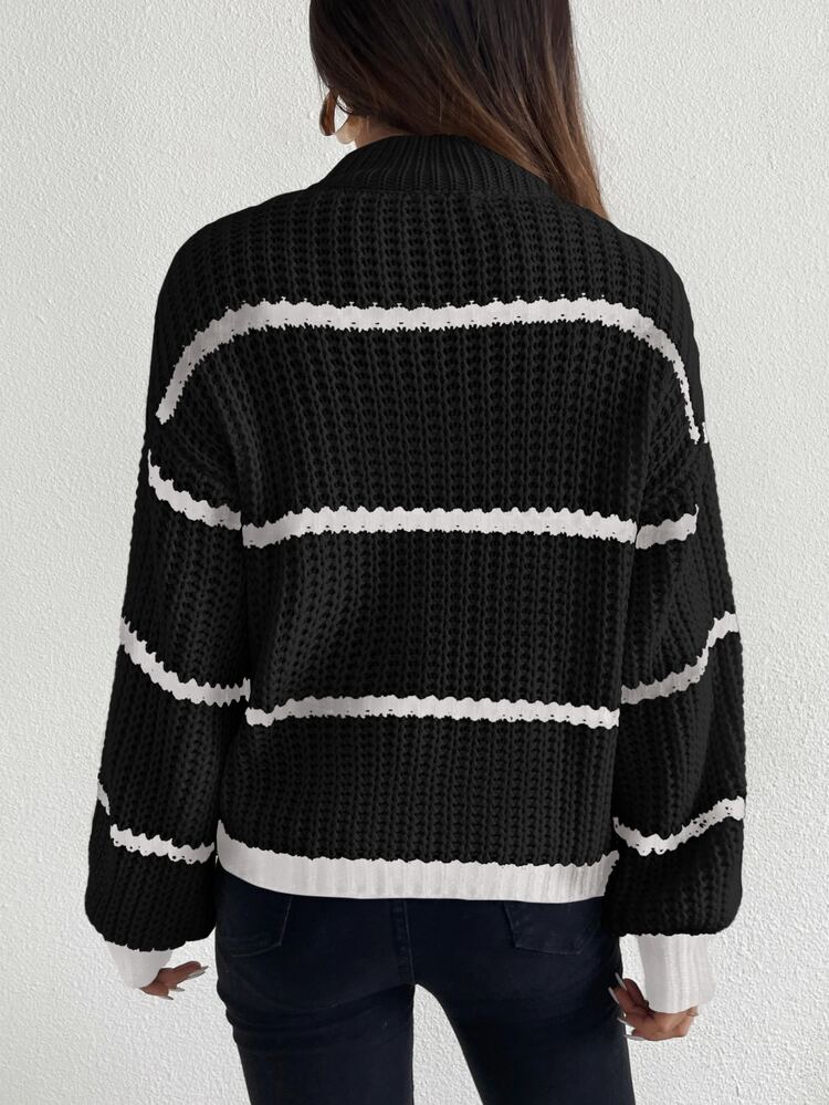 Striped Mock Neck Drop Shoulder Sweater Knit Pullover Fall Winter