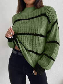 SHEIN LUNE Jersey de cuello alto simulado a rayas con hombros caídos, blusas de manga larga - Verde - Ver 4