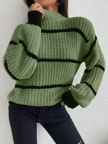 SHEIN LUNE Jersey de cuello alto simulado a rayas con hombros caídos, blusas de manga larga - Verde - Ver 6