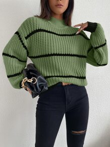 SHEIN LUNE Jersey de cuello alto simulado a rayas con hombros caídos, blusas de manga larga - Verde - Ver 7