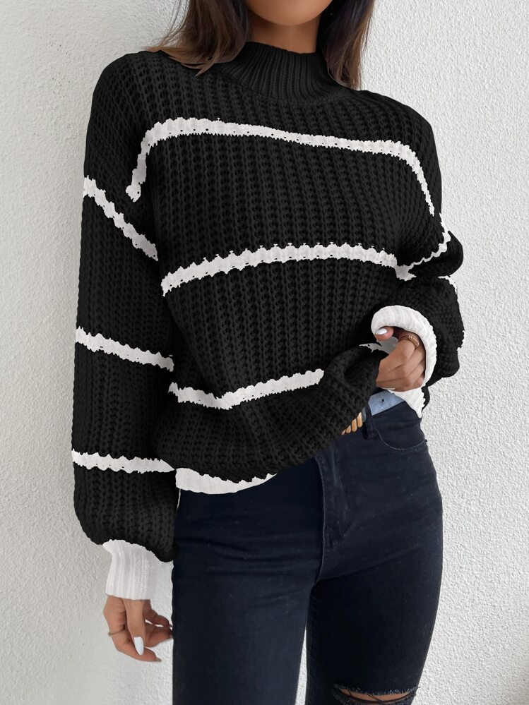 Celisse Striped Mock Neck Drop Shoulder Sweater Knit Pullover Fall Winter Outfit - Black - View 6