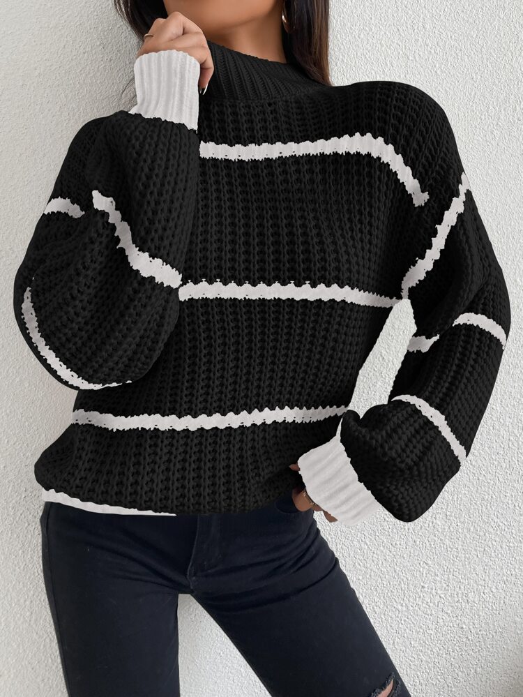 Striped Mock Neck Drop Shoulder Sweater Knit Pullover Fall Winter