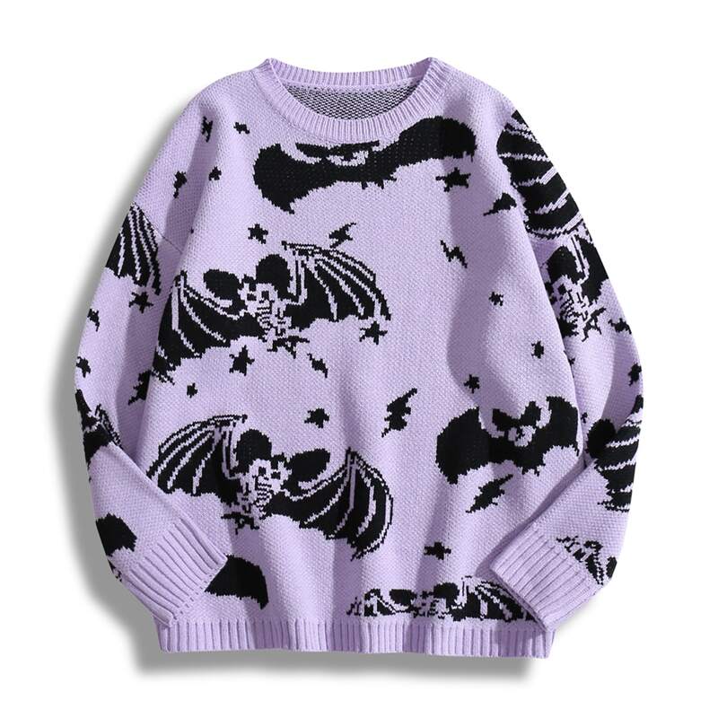 

Bat & Skeleton Pattern Drop Shoulder Sweater, Multicolor