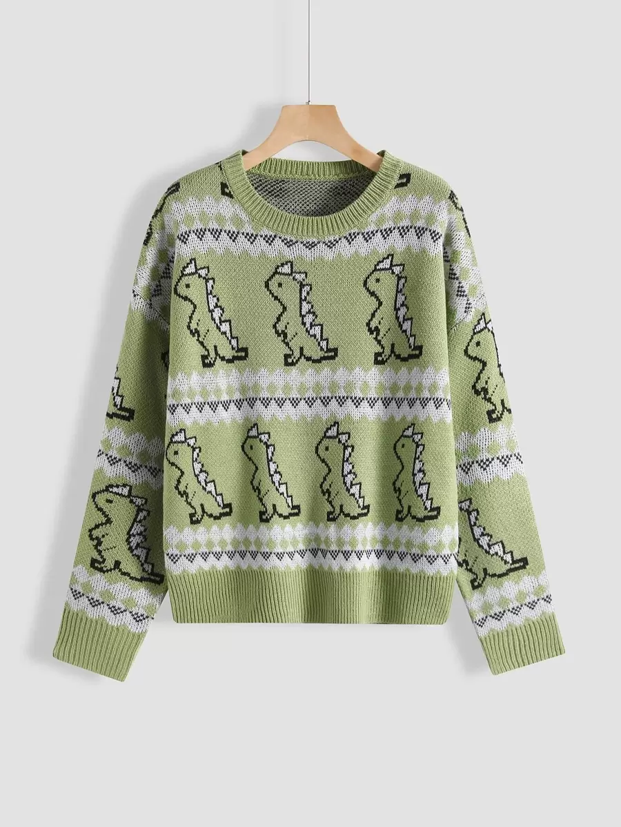 SHEIN Unity Cartoon Dinosaur & Geo Pattern Drop Shoulder Jumper - Green - View 1