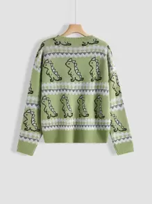 SHEIN Unity Cartoon Dinosaur & Geo Pattern Drop Shoulder Jumper - Green - View 2