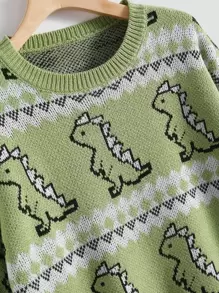 SHEIN Unity Cartoon Dinosaur & Geo Pattern Drop Shoulder Jumper - Green - View 3