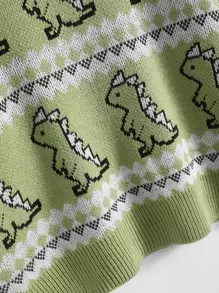 SHEIN Unity Cartoon Dinosaur & Geo Pattern Drop Shoulder Jumper - Green - View 4