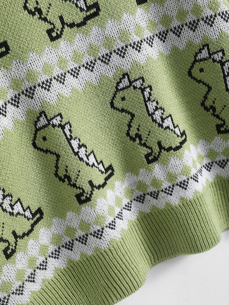 SHEIN Unity 卡通恐龍和幾何圖案落肩袖套頭毛衣 - 綠色 - 查看 4