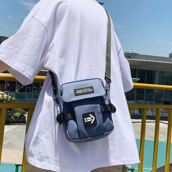 

Men Letter Patch Crossbody Bag, Blue