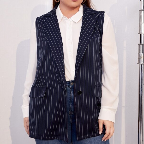 

Plus Peak Neck Pinstriped Vest Blazer Without Blouse, Navy blue