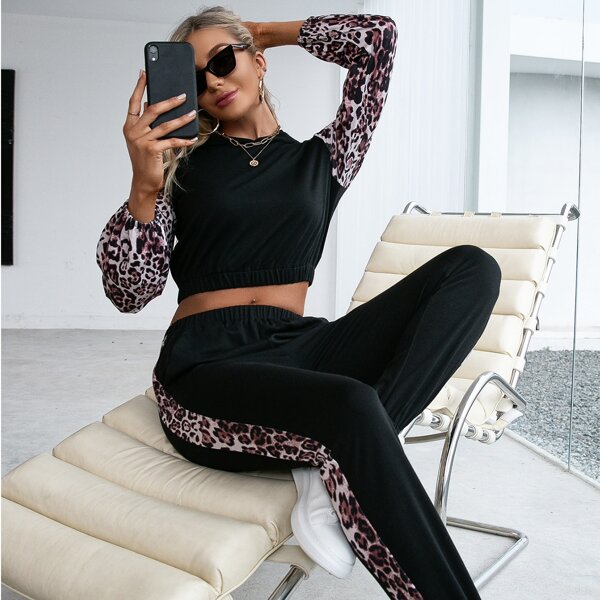 

Leopard Crop Hoodie & Contrast Side Seam Sweatpants, Black