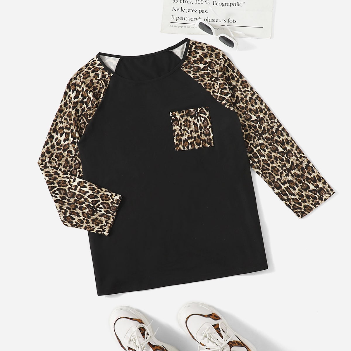 размера плюс Футболка с леопардовым принтом с рукавом-реглан