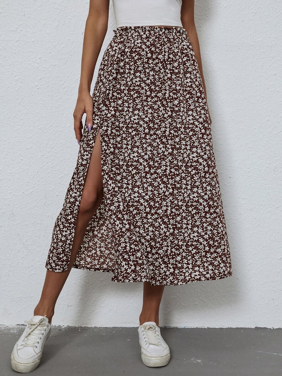 SHEIN Clasi 小碎花開衩短裙 - 咖啡棕 - 查看 1