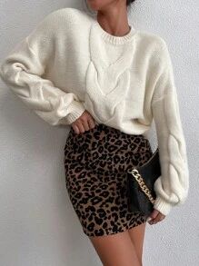 SHEIN Essnce Drop Shoulder Solid Cable Knit Jumper - Apricot - View 1