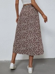 SHEIN Clasi 小碎花開衩短裙 - 咖啡棕 - 查看 2