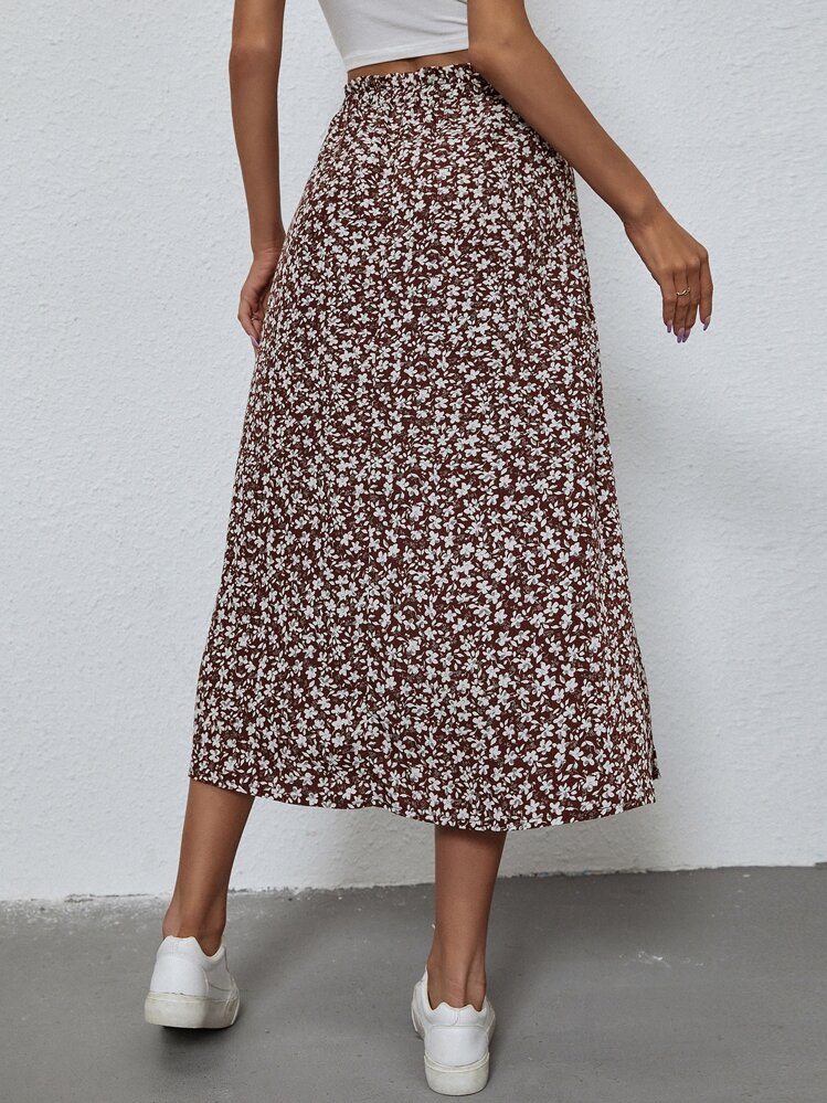 SHEIN Clasi 小碎花開衩短裙 - 咖啡棕 - 查看 2