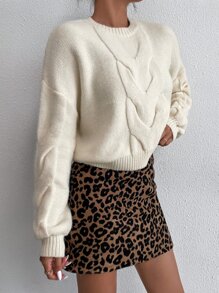 SHEIN Essnce Drop Shoulder Solid Cable Knit Jumper - Apricot - View 3