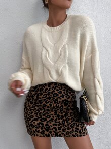 SHEIN Essnce Drop Shoulder Solid Cable Knit Jumper - Apricot - View 4